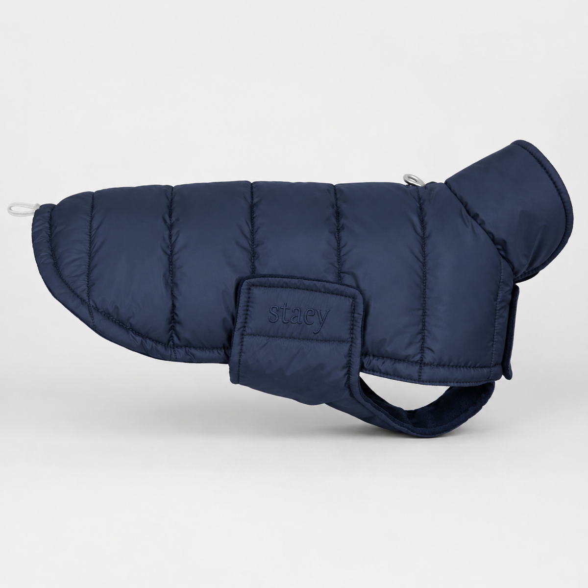Nora quilted dog coat in midnight navy, side view