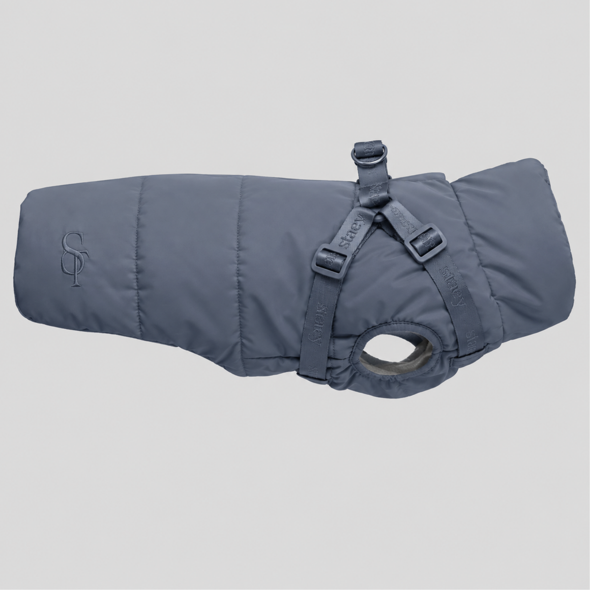 Vera quilted dog coat in dusty blue with a built-in harness