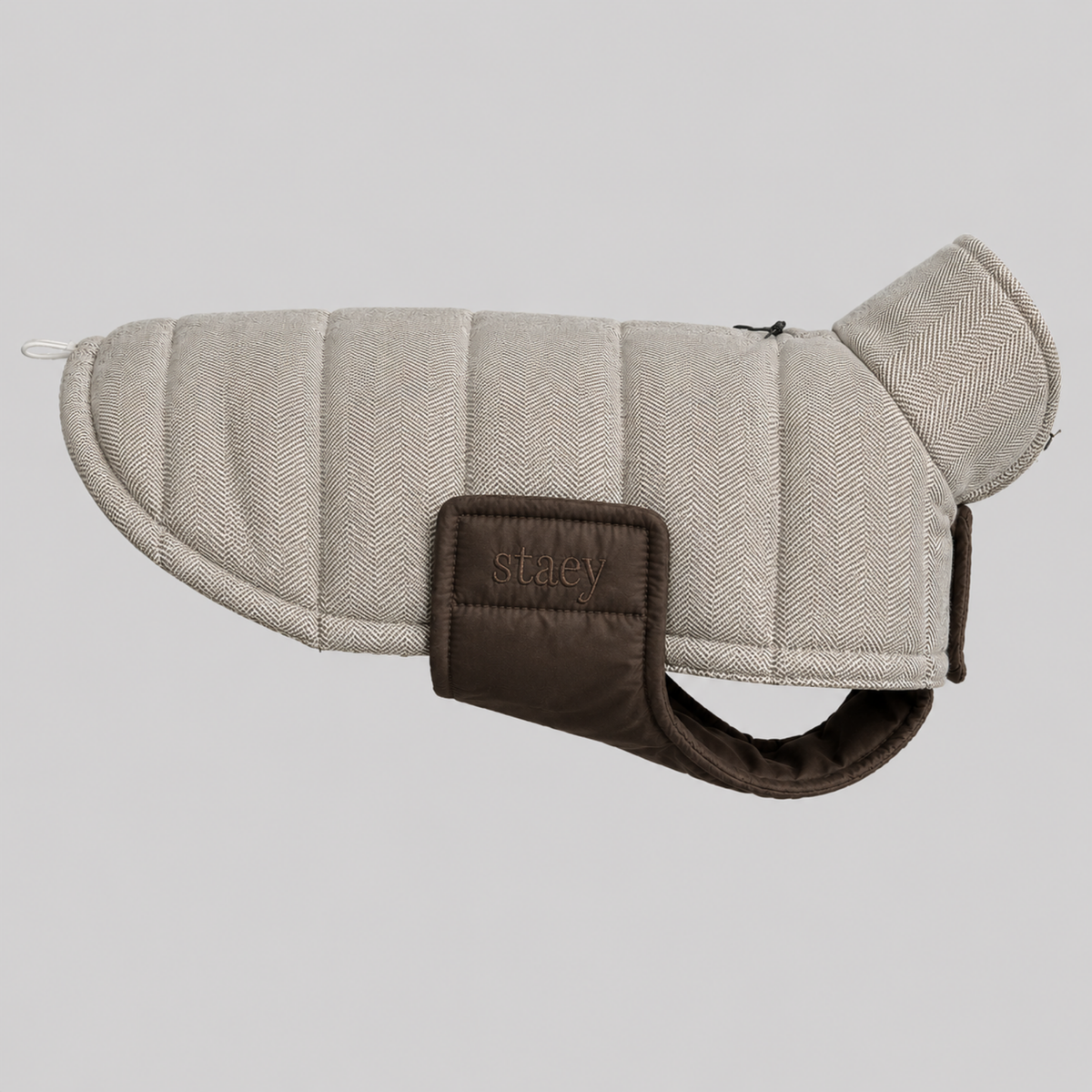 Nora quilted dog coat in mocca herringbone with a brown chest panel