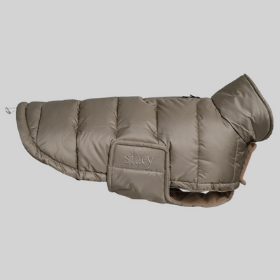 Nora quilted dog coat in taupe with adjustable belly strap, side view