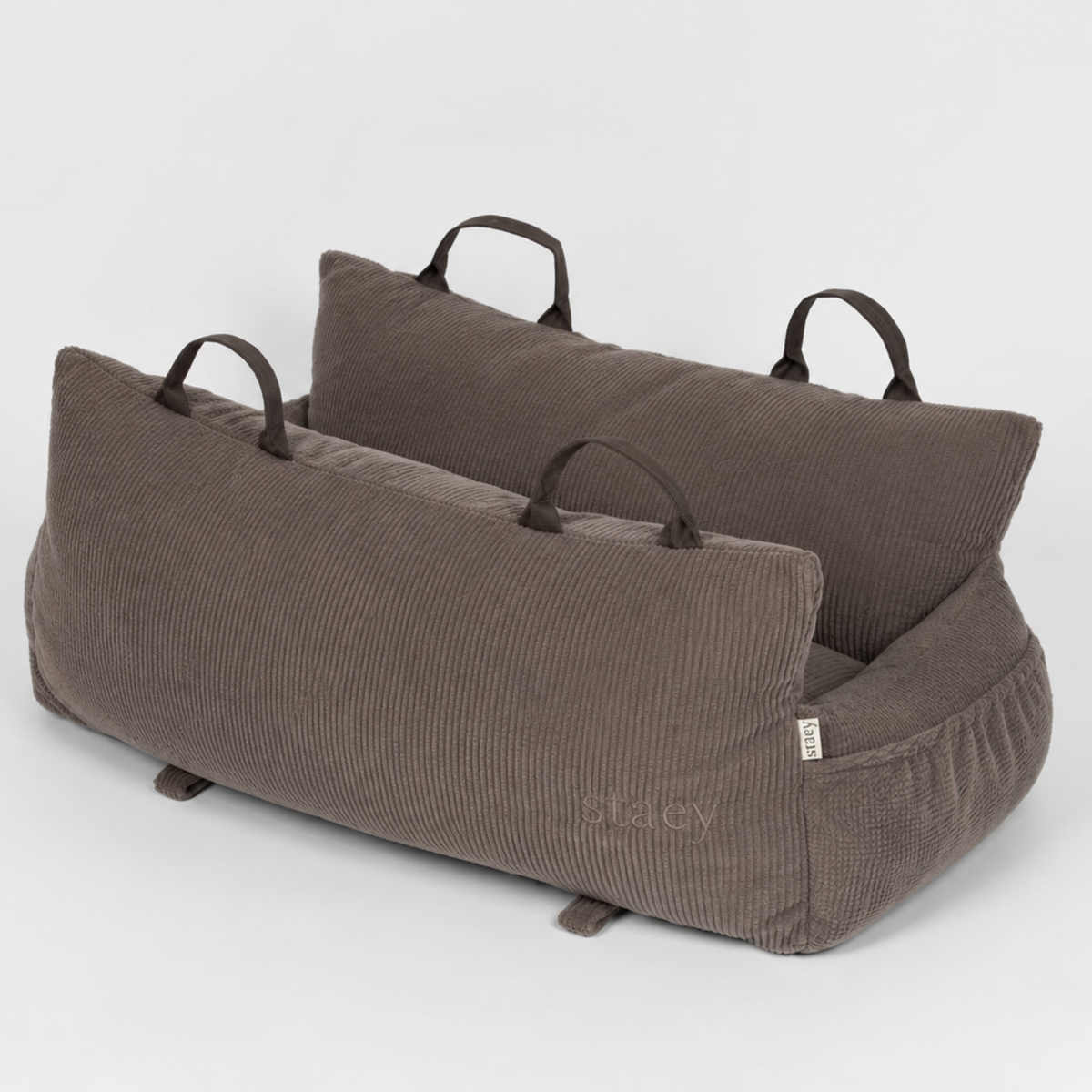 Lara XXL dog car seat in taupe corduroy with padded bolsters and handles