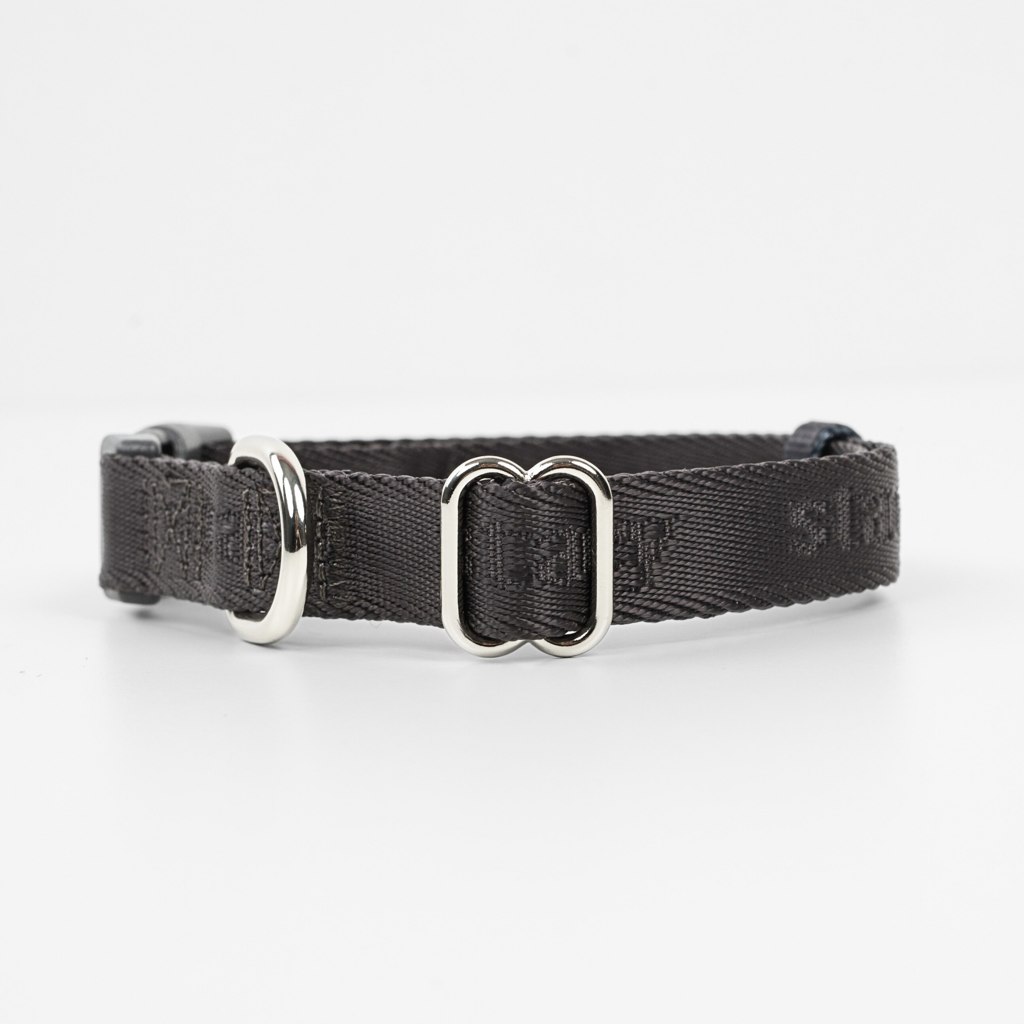 Black dog collar with silver hardware on a white background