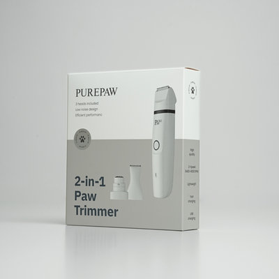 PurePaw 2-in-1 paw trimmer in its retail box