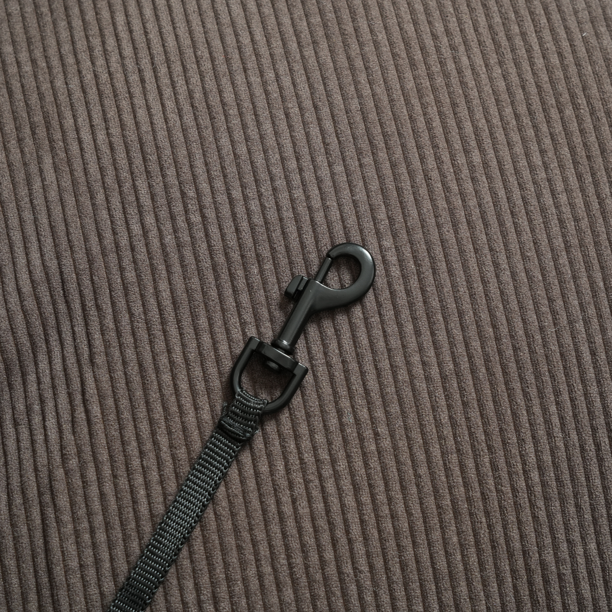Close-up of the safety leash on a corduroy dog car seat