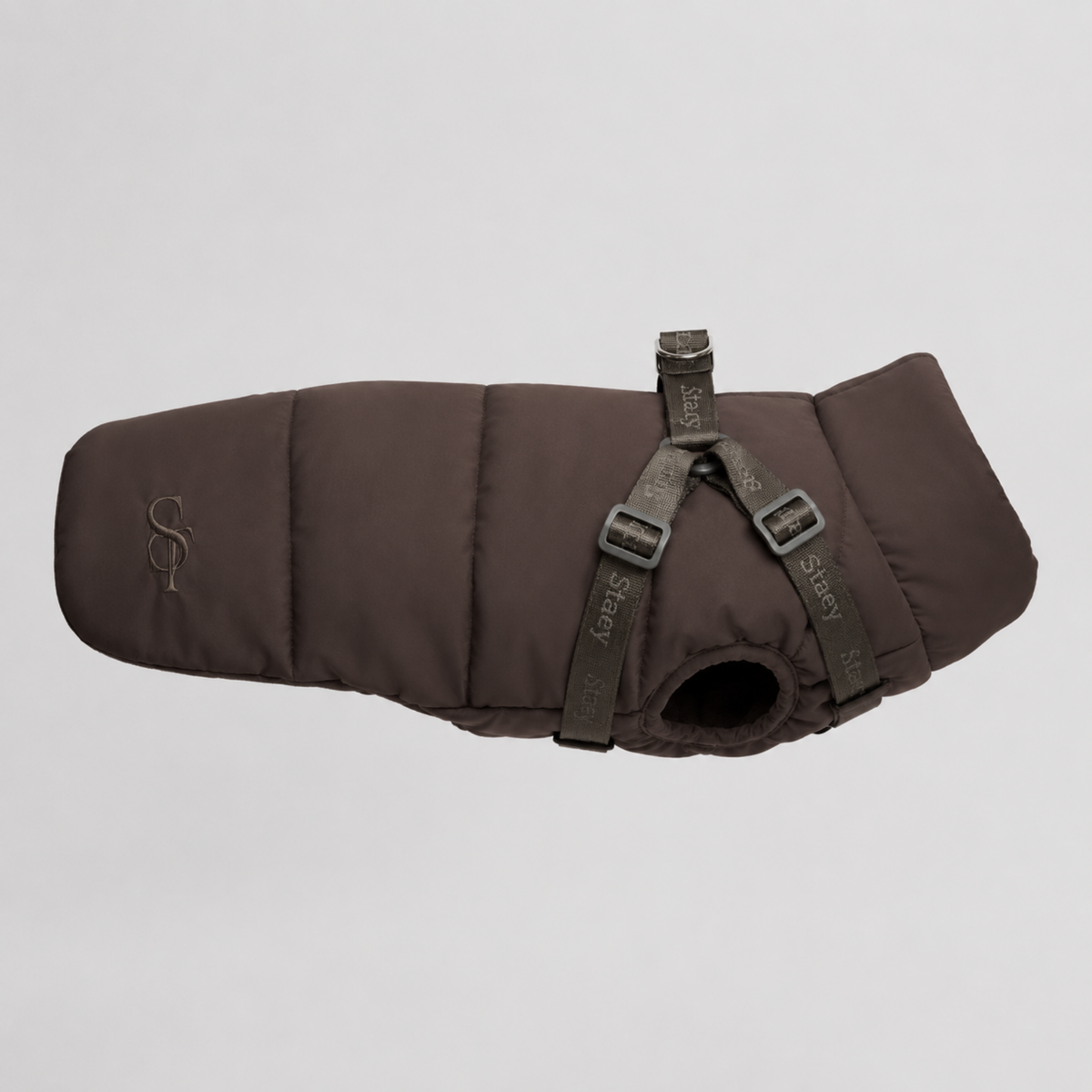 Vera quilted dog coat in chestnut with a built-in harness