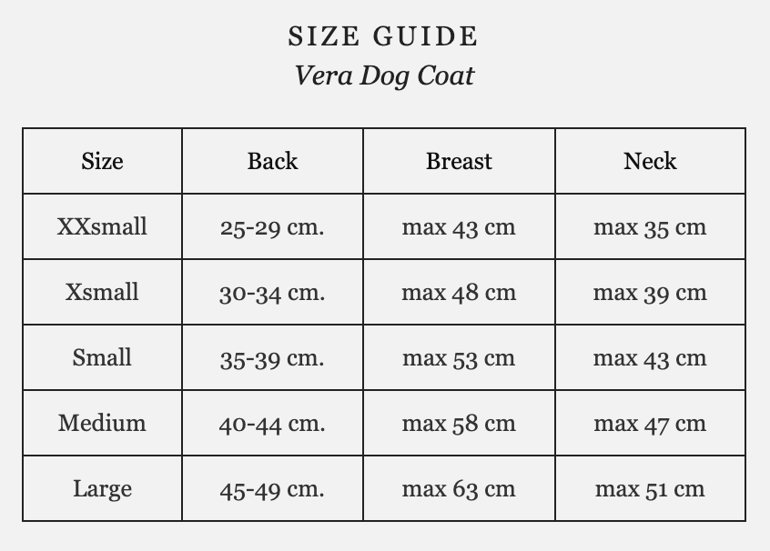 Vera dog coat size guide: back 25-49 cm, chest up to 63 cm, neck up to 51 cm