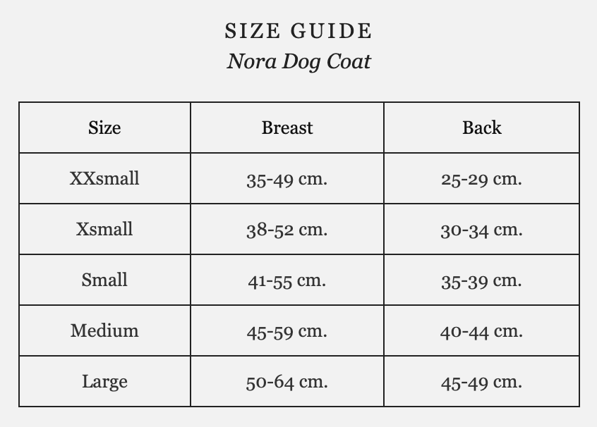 Nora dog coat size guide: chest 35-64 cm and back 25-49 cm across five sizes