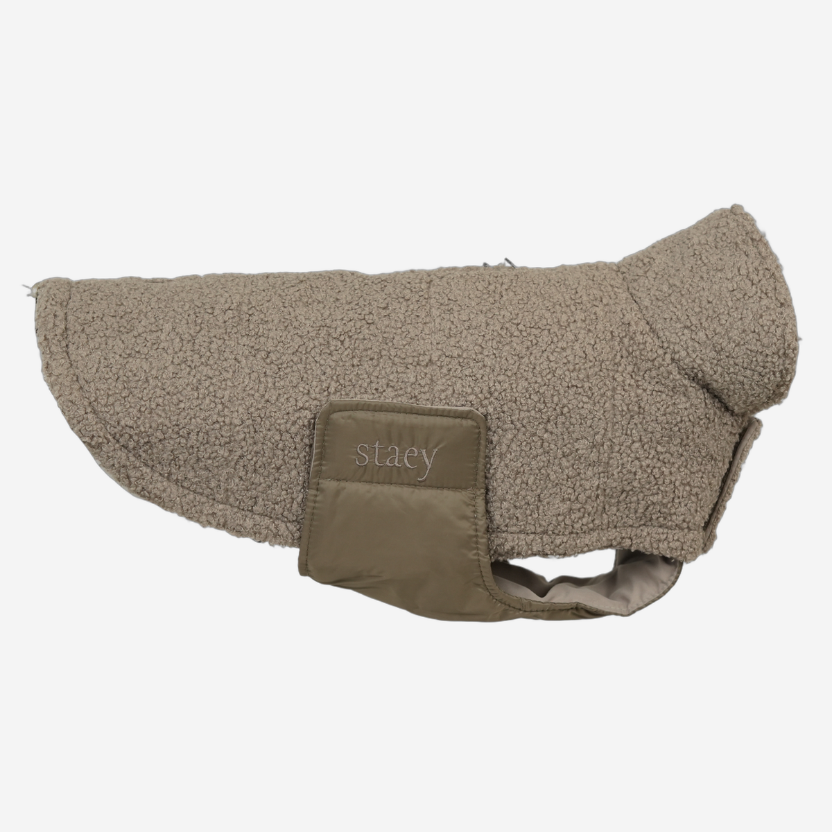 Teddy-hondenjas van taupe teddyfleece met een doorgestikt borststuk